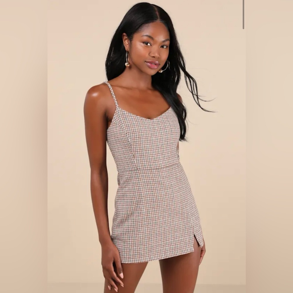 Lulus Aesthetic Attitude Brown Plaid Tweed Sleeveless Skort Romper